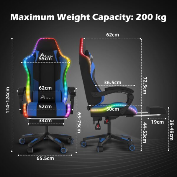 Alivio Wireless App Control LED Gaming Chair with Massage Lumbar Cushion & Retractable Footrest, 360° Recline & Swivel Breathable Leather Office Massage Chair, PU Leather Video Game Chair (Blue) - Image 3