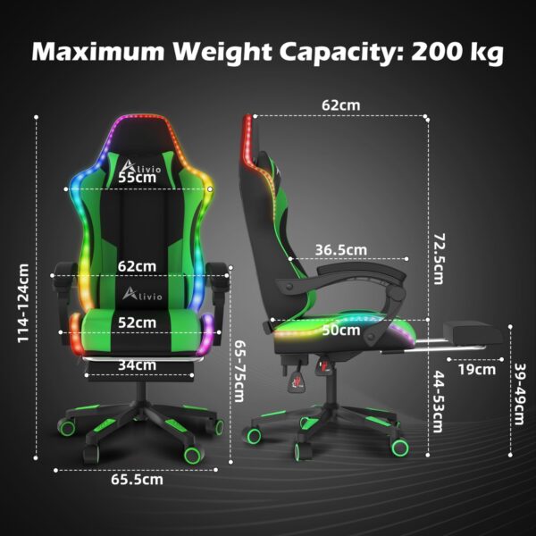 Alivio Wireless App Control LED Gaming Chair with Massage Lumbar Cushion & Retractable Footrest, 360° Recline & Swivel Breathable Leather Office Massage Chair, PU Leather Video Game Chair (Green) - Image 3