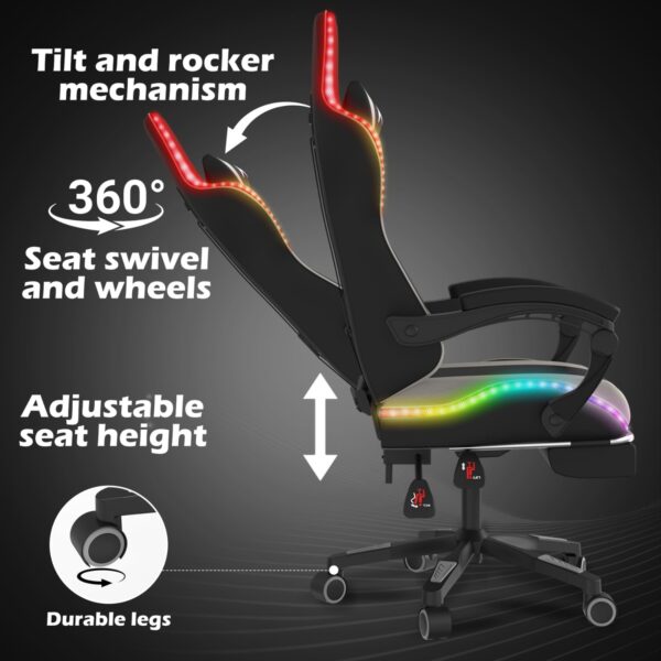 Alivio Wireless App Control LED Gaming Chair with Massage Lumbar Cushion & Retractable Footrest, 360° Recline & Swivel Breathable Leather Office Massage Chair, PU Leather Video Game Chair (Grey) - Image 4