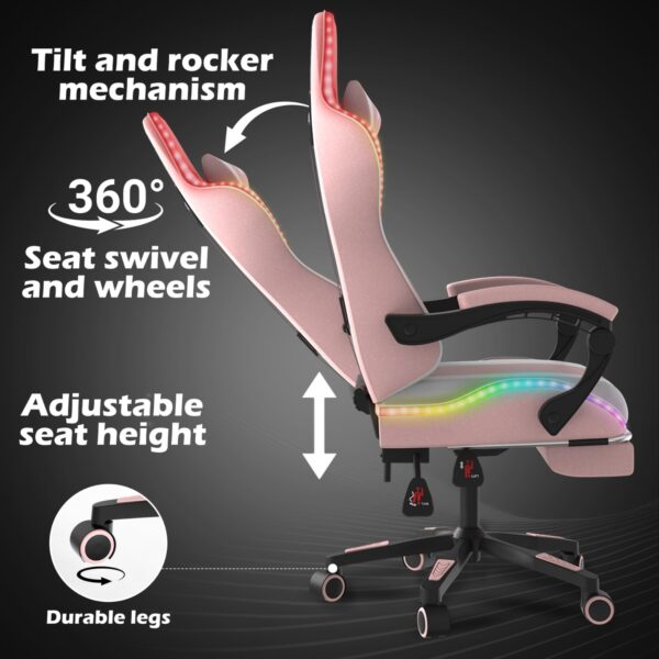 Alivio Wireless App Control LED Gaming Chair with Massage Lumbar Cushion & Retractable Footrest, 360° Recline & Swivel Breathable Leather Office Massage Chair, PU Leather Video Game Chair (Pink) - Image 4