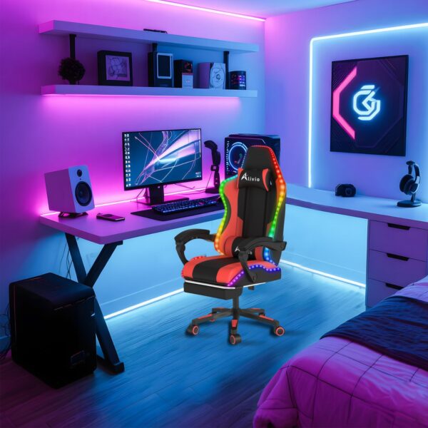 Alivio Wireless App Control LED Gaming Chair with Massage Lumbar Cushion & Retractable Footrest, 360° Recline & Swivel Breathable Leather Office Massage Chair, PU Leather Video Game Chair (Red) - Image 4