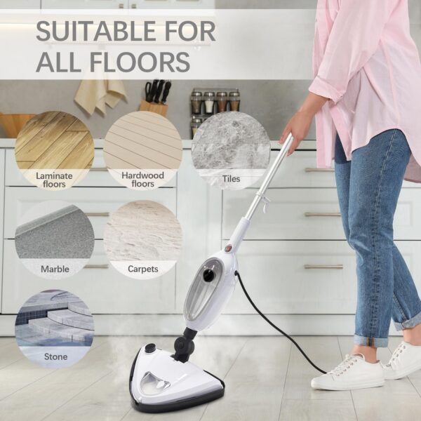 Alivio 10-in-1 Steam Mop Multipurpose Chemical-Free Steamer 1500W, Powerful Steam Cleaner with 300ml Water Tank & 10 Accessories for Multi-Surface Floors (White) - Image 4