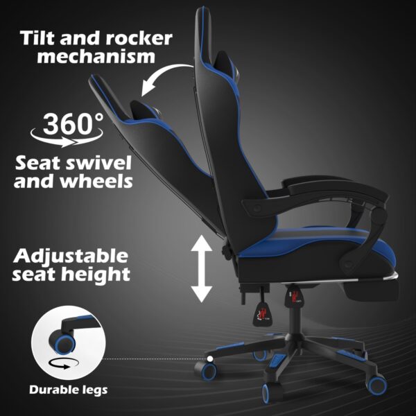 Alivio Ergonomic Gaming Chair with Massage Lumbar Cushion & Retractable Footrest, 360° Recline & Swivel Breathable Leather Office Massage Chair, PU Leather Video Game Chair (Blue) - Image 4