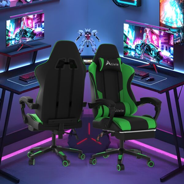 Alivio Ergonomic Gaming Chair with Massage Lumbar Cushion & Retractable Footrest, 360° Recline & Swivel Breathable Leather Office Massage Chair, PU Leather Video Game Chair (Green) - Image 4