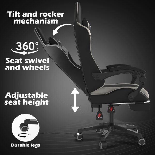 Alivio Ergonomic Gaming Chair with Massage Lumbar Cushion & Retractable Footrest, 360° Recline & Swivel Breathable Leather Office Massage Chair, PU Leather Video Game Chair (Grey) - Image 4