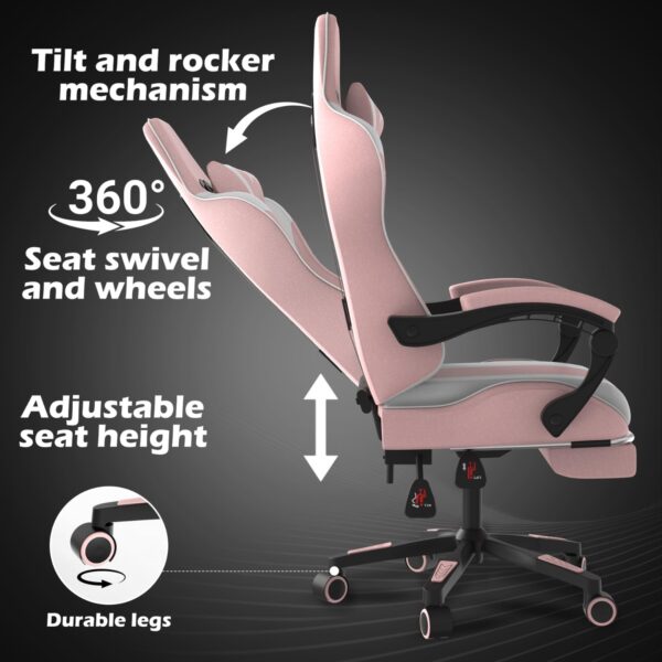 Alivio Ergonomic Gaming Chair with Massage Lumbar Cushion & Retractable Footrest, 360° Recline & Swivel Breathable Leather Office Massage Chair, PU Leather Video Game Chair (Pink) - Image 4