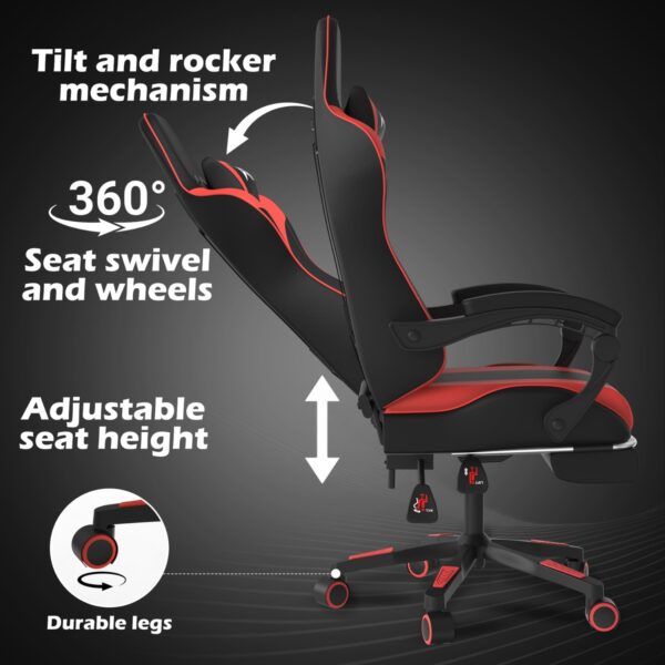 Alivio Ergonomic Gaming Chair with Massage Lumbar Cushion & Retractable Footrest, 360° Recline & Swivel Breathable Leather Office Massage Chair, PU Leather Video Game Chair (Red) - Image 4