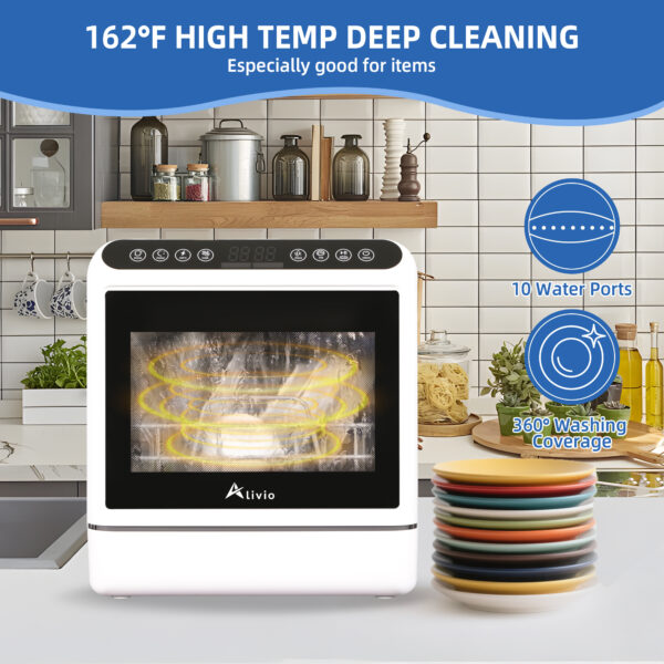 Alivio Portable Mini Dishwasher Countertop with 5L Water Tank, Dishwasher Small Compact Table top Dishwasher with 5-Program System, 2-Tier Rack, 3-Spray Arm, for Apartments & RVs White - Image 4