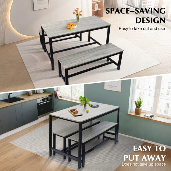 3-Piece Dining Table, Modern Soho Dining Table w/ 2 Benches & Metal Frame, Kitchen Table and Chairs for Living Dining Room (Grey) - Image 4