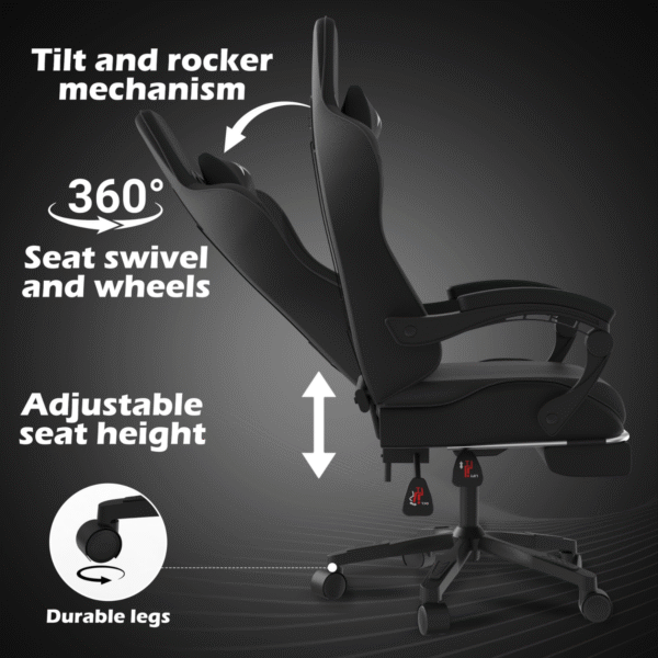 Alivio Ergonomic Gaming Chair with Massage Lumbar Cushion & Retractable Footrest, 360° Recline & Swivel Breathable Leather Office Massage Chair, PU Leather Video Game Chair (Black) - Image 3
