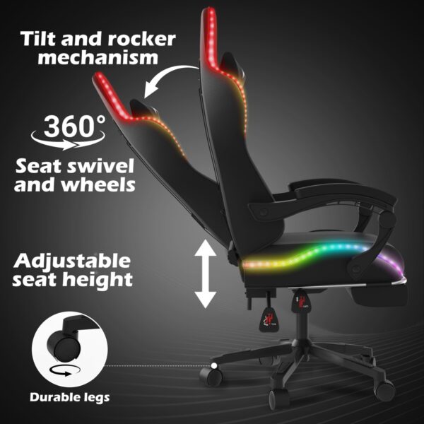 Alivio Wireless App Control LED Gaming Chair with Massage Lumbar Cushion & Retractable Footrest, 360° Recline & Swivel Breathable Leather Office Massage Chair, PU Leather Video Game Chair (Black) - Image 4