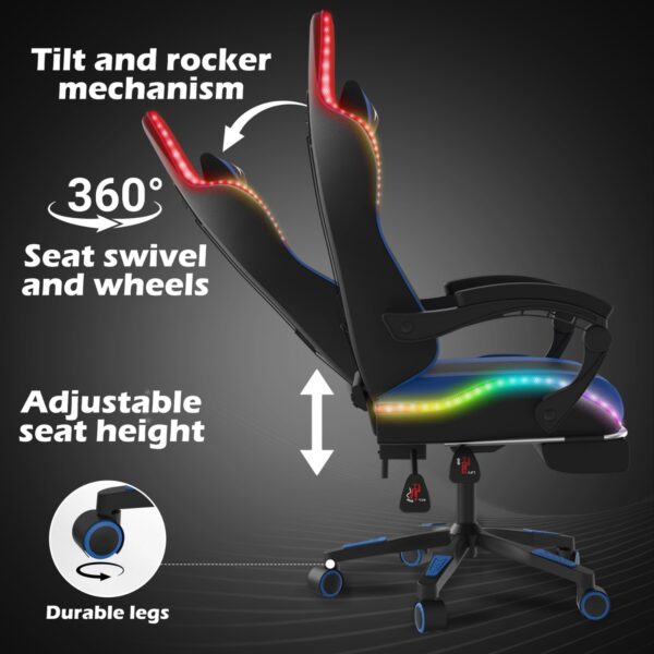 Alivio Wireless App Control LED Gaming Chair with Massage Lumbar Cushion & Retractable Footrest, 360° Recline & Swivel Breathable Leather Office Massage Chair, PU Leather Video Game Chair (Blue) - Image 4