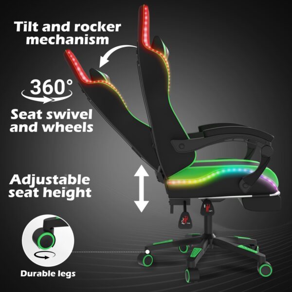 Alivio Wireless App Control LED Gaming Chair with Massage Lumbar Cushion & Retractable Footrest, 360° Recline & Swivel Breathable Leather Office Massage Chair, PU Leather Video Game Chair (Green) - Image 4