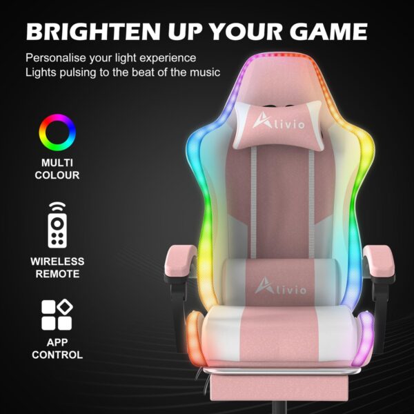 Alivio Wireless App Control LED Gaming Chair with Massage Lumbar Cushion & Retractable Footrest, 360° Recline & Swivel Breathable Leather Office Massage Chair, PU Leather Video Game Chair (Pink) - Image 5