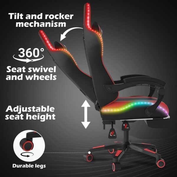 Alivio Wireless App Control LED Gaming Chair with Massage Lumbar Cushion & Retractable Footrest, 360° Recline & Swivel Breathable Leather Office Massage Chair, PU Leather Video Game Chair (Red) - Image 5