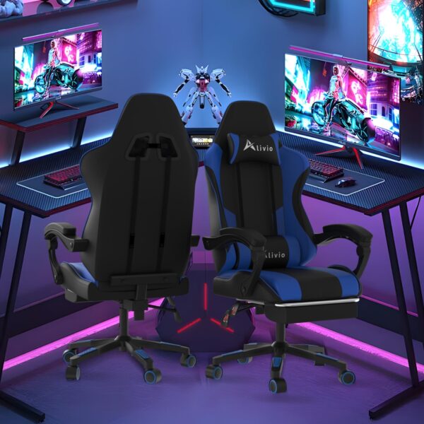 Alivio Ergonomic Gaming Chair with Massage Lumbar Cushion & Retractable Footrest, 360° Recline & Swivel Breathable Leather Office Massage Chair, PU Leather Video Game Chair (Blue) - Image 5