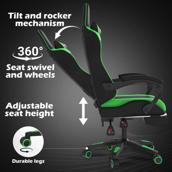 Alivio Ergonomic Gaming Chair with Massage Lumbar Cushion & Retractable Footrest, 360° Recline & Swivel Breathable Leather Office Massage Chair, PU Leather Video Game Chair (Green) - Image 5