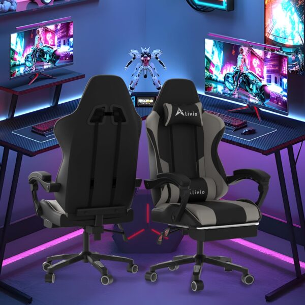 Alivio Ergonomic Gaming Chair with Massage Lumbar Cushion & Retractable Footrest, 360° Recline & Swivel Breathable Leather Office Massage Chair, PU Leather Video Game Chair (Grey) - Image 5