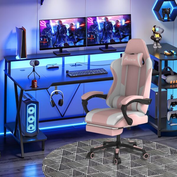 Alivio Ergonomic Gaming Chair with Massage Lumbar Cushion & Retractable Footrest, 360° Recline & Swivel Breathable Leather Office Massage Chair, PU Leather Video Game Chair (Pink) - Image 5