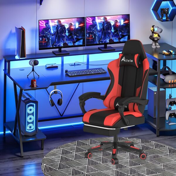 Alivio Ergonomic Gaming Chair with Massage Lumbar Cushion & Retractable Footrest, 360° Recline & Swivel Breathable Leather Office Massage Chair, PU Leather Video Game Chair (Red) - Image 5