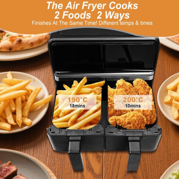 Alivio 9L Dual Basket Air Fryer with LED Touch Screen, 14 Cooking Programs, Independent Temperature Control, 360° Hot Air Circulation, Non-Stick & Dishwasher Safe, Low Oil Healthy Cooking (Black) - Image 5