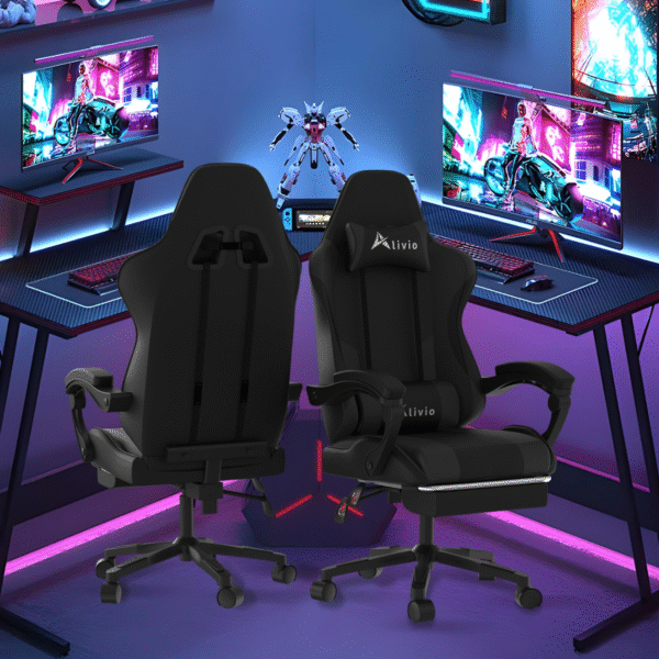 Alivio Ergonomic Gaming Chair with Massage Lumbar Cushion & Retractable Footrest, 360° Recline & Swivel Breathable Leather Office Massage Chair, PU Leather Video Game Chair (Black) - Image 4