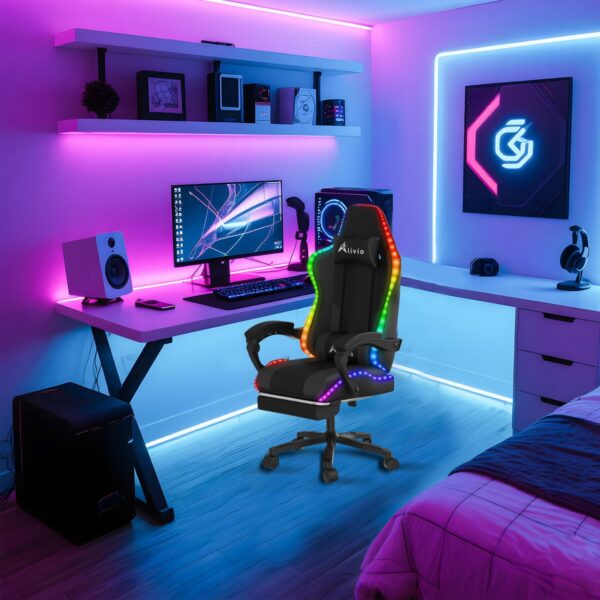 Alivio Wireless App Control LED Gaming Chair with Massage Lumbar Cushion & Retractable Footrest, 360° Recline & Swivel Breathable Leather Office Massage Chair, PU Leather Video Game Chair (Black) - Image 5