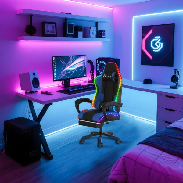 Alivio Wireless App Control LED Gaming Chair with Massage Lumbar Cushion & Retractable Footrest, 360° Recline & Swivel Breathable Leather Office Massage Chair, PU Leather Video Game Chair (Blue) - Image 5