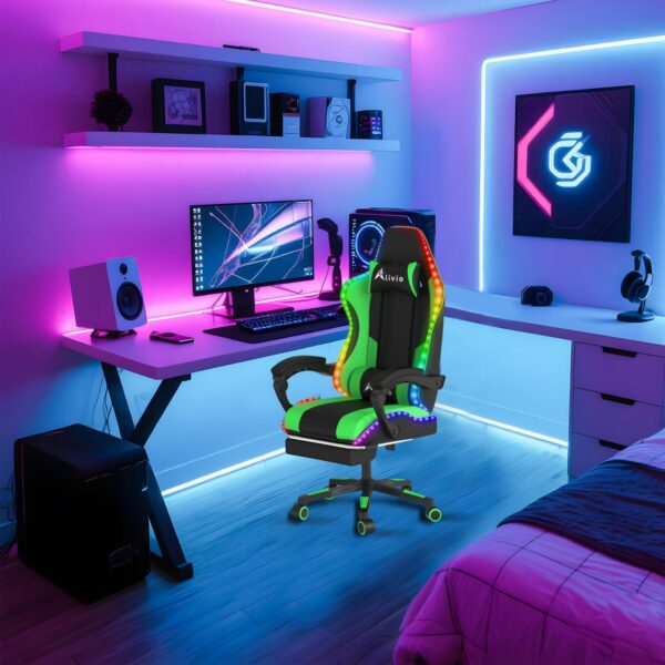 Alivio Wireless App Control LED Gaming Chair with Massage Lumbar Cushion & Retractable Footrest, 360° Recline & Swivel Breathable Leather Office Massage Chair, PU Leather Video Game Chair (Green) - Image 5