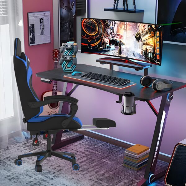 Alivio Ergonomic Gaming Chair with Massage Lumbar Cushion & Retractable Footrest, 360° Recline & Swivel Breathable Leather Office Massage Chair, PU Leather Video Game Chair (Blue) - Image 6