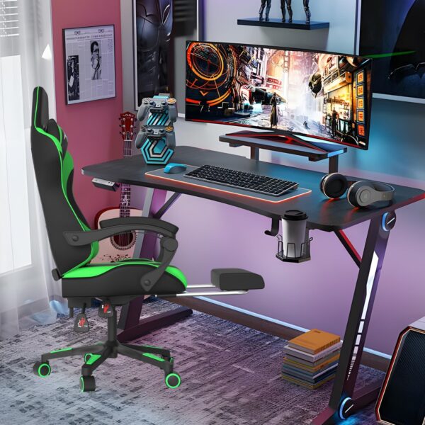 Alivio Ergonomic Gaming Chair with Massage Lumbar Cushion & Retractable Footrest, 360° Recline & Swivel Breathable Leather Office Massage Chair, PU Leather Video Game Chair (Green) - Image 6