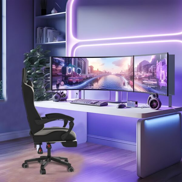 Alivio Ergonomic Gaming Chair with Massage Lumbar Cushion & Retractable Footrest, 360° Recline & Swivel Breathable Leather Office Massage Chair, PU Leather Video Game Chair (Grey) - Image 6