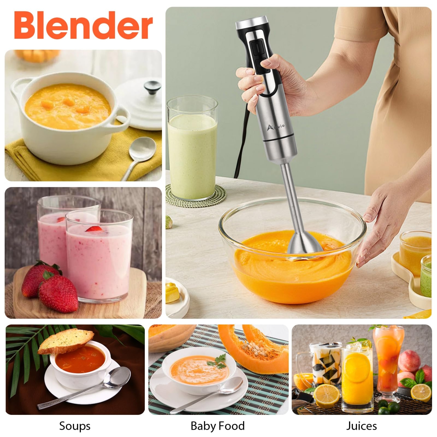 Alivio 3-in-1 Hand Blender 600W with Variable Speed & Turbo Whisk, Blender, Chopper Dishwasher Safe for Soups, Baby Food, Ice, & Nuts - Image 6