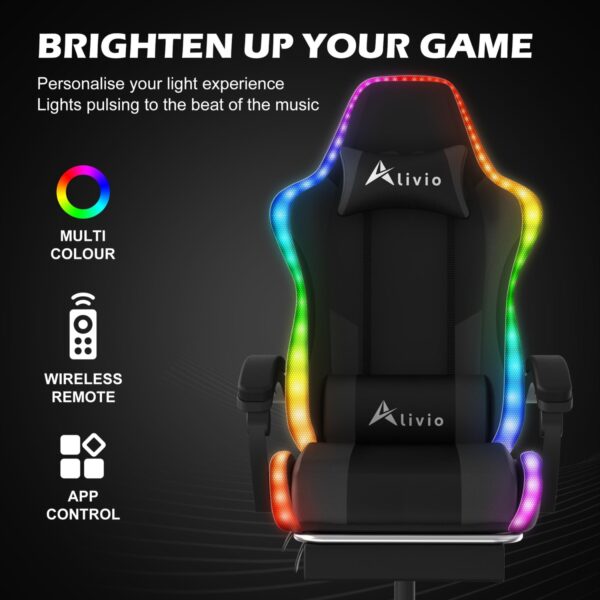 Alivio Wireless App Control LED Gaming Chair with Massage Lumbar Cushion & Retractable Footrest, 360° Recline & Swivel Breathable Leather Office Massage Chair, PU Leather Video Game Chair (Black) - Image 6