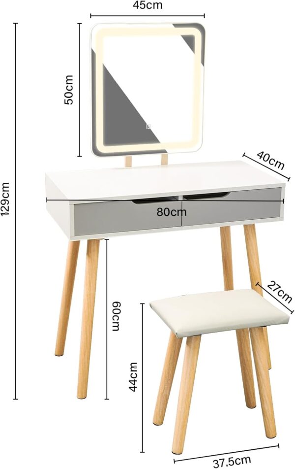 Alivio Vanity Dressing Table Set with Rectangle LED Adjustable Light Mirror, 2 Storage Drawer & Stool 80 x 40 x 129cm (Grey) - Image 10