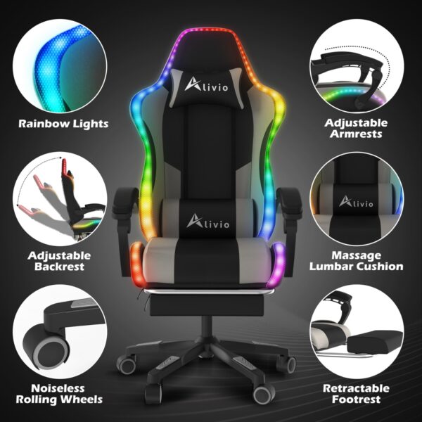 Alivio Wireless App Control LED Gaming Chair with Massage Lumbar Cushion & Retractable Footrest, 360° Recline & Swivel Breathable Leather Office Massage Chair, PU Leather Video Game Chair (Grey) - Image 6