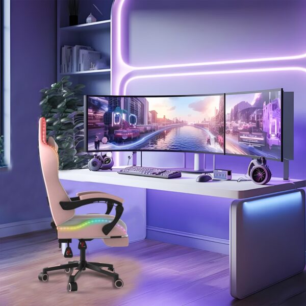 Alivio Wireless App Control LED Gaming Chair with Massage Lumbar Cushion & Retractable Footrest, 360° Recline & Swivel Breathable Leather Office Massage Chair, PU Leather Video Game Chair (Pink) - Image 6