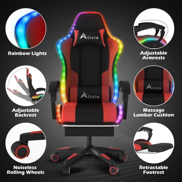 Alivio Wireless App Control LED Gaming Chair with Massage Lumbar Cushion & Retractable Footrest, 360° Recline & Swivel Breathable Leather Office Massage Chair, PU Leather Video Game Chair (Red) - Image 6