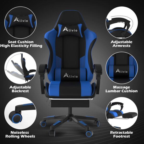 Alivio Ergonomic Gaming Chair with Massage Lumbar Cushion & Retractable Footrest, 360° Recline & Swivel Breathable Leather Office Massage Chair, PU Leather Video Game Chair (Blue) - Image 7