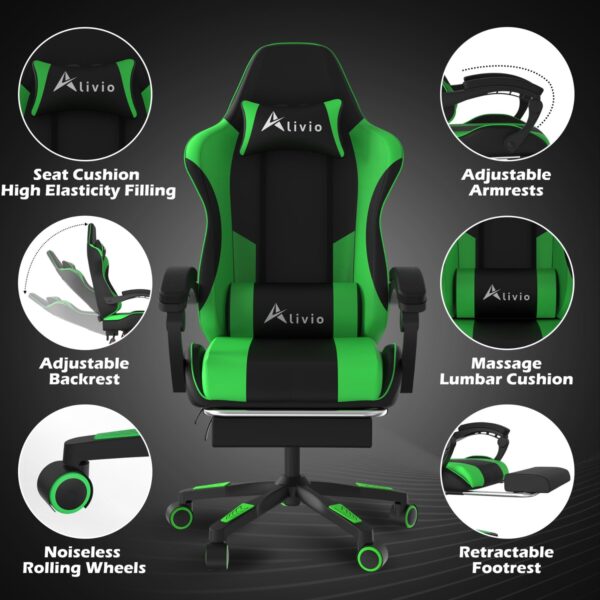 Alivio Ergonomic Gaming Chair with Massage Lumbar Cushion & Retractable Footrest, 360° Recline & Swivel Breathable Leather Office Massage Chair, PU Leather Video Game Chair (Green) - Image 7