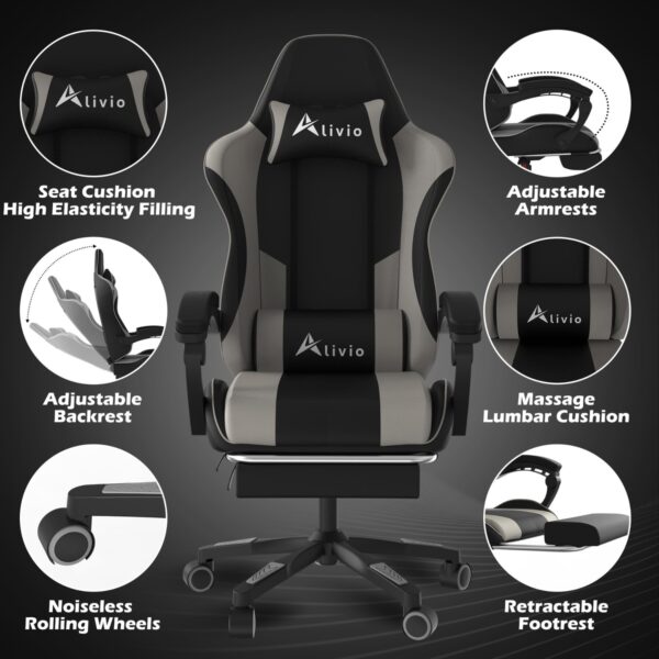 Alivio Ergonomic Gaming Chair with Massage Lumbar Cushion & Retractable Footrest, 360° Recline & Swivel Breathable Leather Office Massage Chair, PU Leather Video Game Chair (Grey) - Image 7