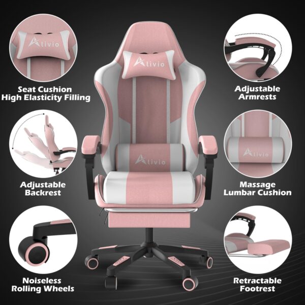 Alivio Ergonomic Gaming Chair with Massage Lumbar Cushion & Retractable Footrest, 360° Recline & Swivel Breathable Leather Office Massage Chair, PU Leather Video Game Chair (Pink) - Image 7