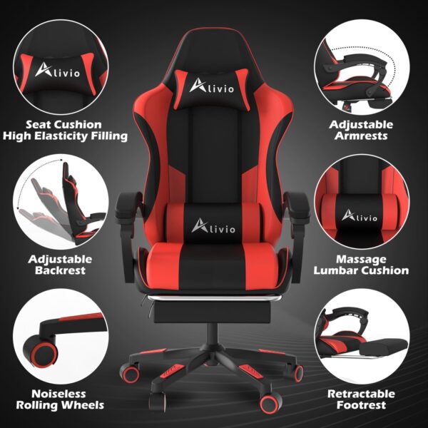 Alivio Ergonomic Gaming Chair with Massage Lumbar Cushion & Retractable Footrest, 360° Recline & Swivel Breathable Leather Office Massage Chair, PU Leather Video Game Chair (Red) - Image 7