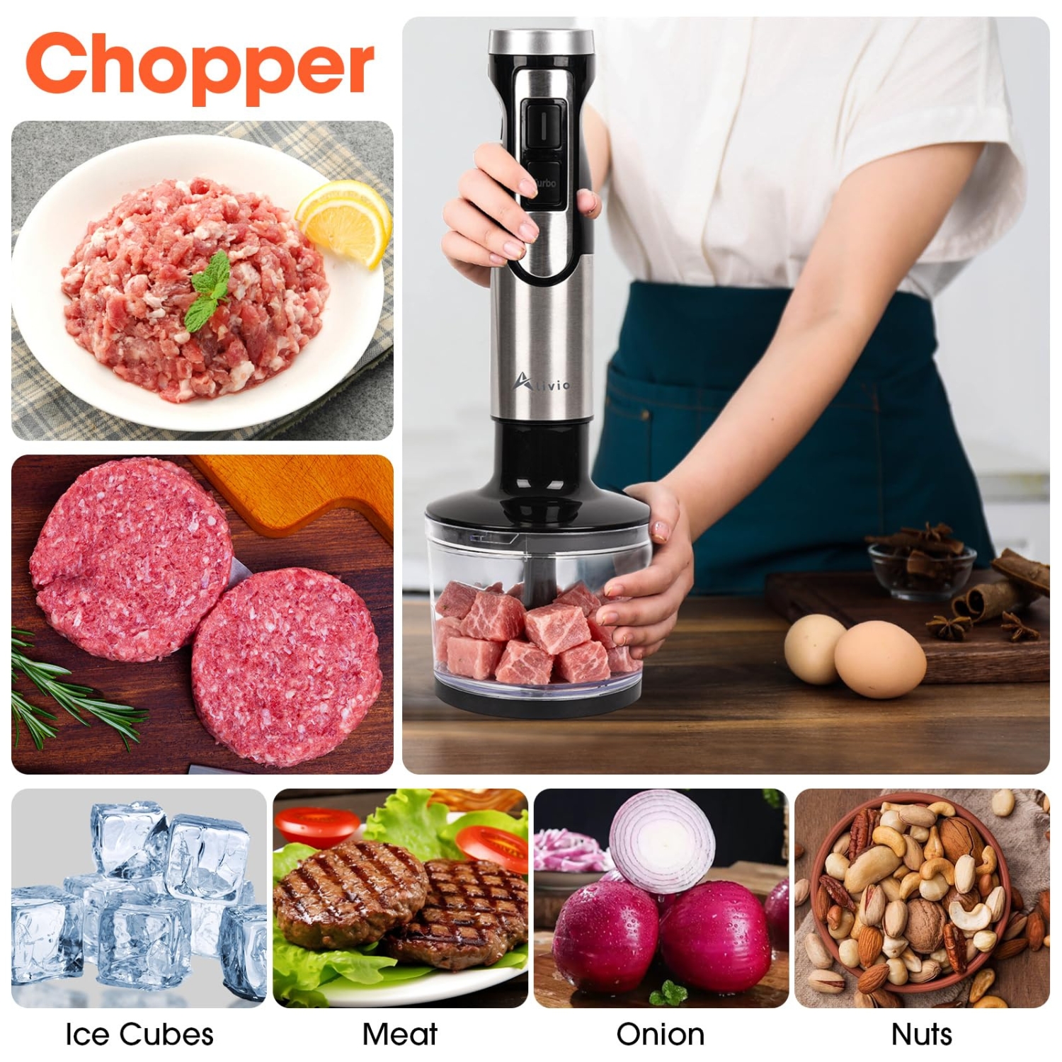 Alivio 3-in-1 Hand Blender 600W with Variable Speed & Turbo Whisk, Blender, Chopper Dishwasher Safe for Soups, Baby Food, Ice, & Nuts - Image 7