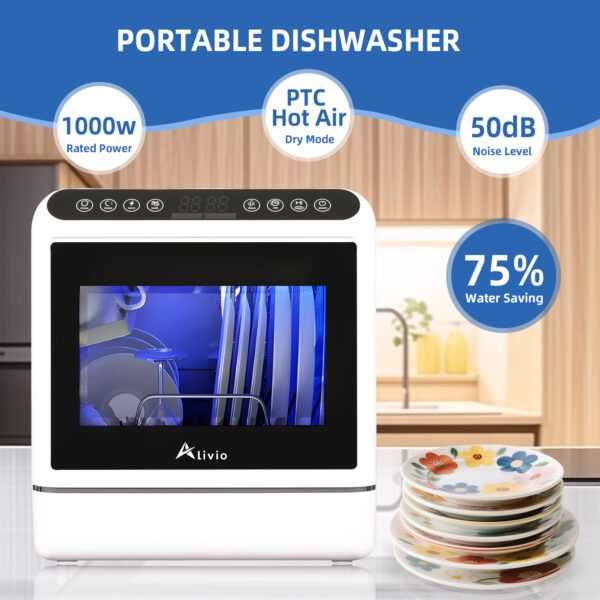 Alivio Portable Mini Dishwasher Countertop with 5L Water Tank, Dishwasher Small Compact Table top Dishwasher with 5-Program System, 2-Tier Rack, 3-Spray Arm, for Apartments & RVs White - Image 7