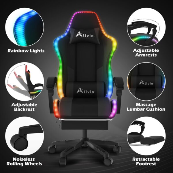Alivio Wireless App Control LED Gaming Chair with Massage Lumbar Cushion & Retractable Footrest, 360° Recline & Swivel Breathable Leather Office Massage Chair, PU Leather Video Game Chair (Black) - Image 7