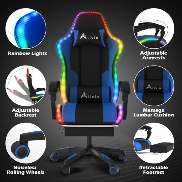 Alivio Wireless App Control LED Gaming Chair with Massage Lumbar Cushion & Retractable Footrest, 360° Recline & Swivel Breathable Leather Office Massage Chair, PU Leather Video Game Chair (Blue) - Image 6