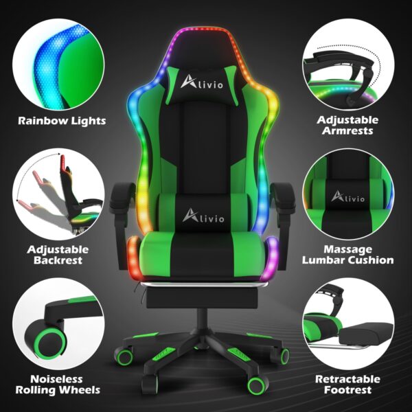 Alivio Wireless App Control LED Gaming Chair with Massage Lumbar Cushion & Retractable Footrest, 360° Recline & Swivel Breathable Leather Office Massage Chair, PU Leather Video Game Chair (Green) - Image 6