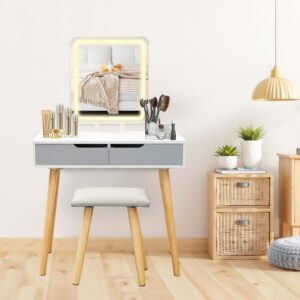 Alivio Vanity Dressing Table Set with Rectangle LED Adjustable Light Mirror, 2 Storage Drawer & Stool 80 x 40 x 129cm (Grey)
