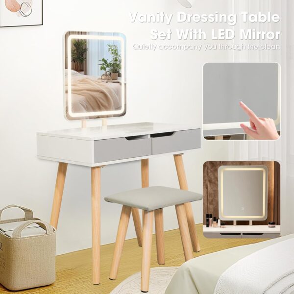 Alivio Vanity Dressing Table Set with Rectangle LED Adjustable Light Mirror, 2 Storage Drawer & Stool 80 x 40 x 129cm (Grey) - Image 9
